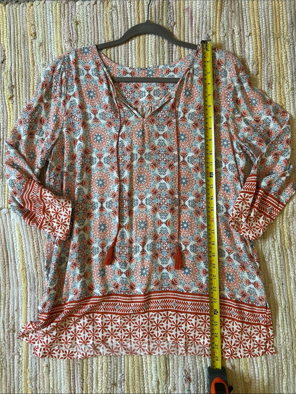 Boho Medallion Print Tunic M/L Rayon Tassel Tie Peasant Blouse - Picture 8 of 12